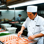 A professional Japanese Washoku chef, fully clothed in a clean, traditional uniform, standing in an early morning, bustling fish market. The chef is meticulously inspecting fresh seafood on ice, with a focused expression, demonstrating keen observation skills. The background features other market vendors and various fresh produce, bathed in soft, natural light, conveying an atmosphere of diligent work and tradition. The image emphasizes the chef's dedication and connection to ingredients. Safe for work, appropriate content, fully clothed, professional dress, modest clothing, perfect anatomy, correct proportions, natural pose, well-formed hands, proper finger count, natural body proportions, high-quality photography.