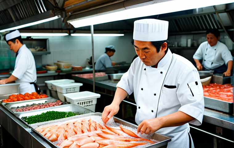 A professional Japanese Washoku chef, fully clothed in a clean, traditional uniform, standing in an early morning, bustling fish market. The chef is meticulously inspecting fresh seafood on ice, with a focused expression, demonstrating keen observation skills. The background features other market vendors and various fresh produce, bathed in soft, natural light, conveying an atmosphere of diligent work and tradition. The image emphasizes the chef's dedication and connection to ingredients. Safe for work, appropriate content, fully clothed, professional dress, modest clothing, perfect anatomy, correct proportions, natural pose, well-formed hands, proper finger count, natural body proportions, high-quality photography.