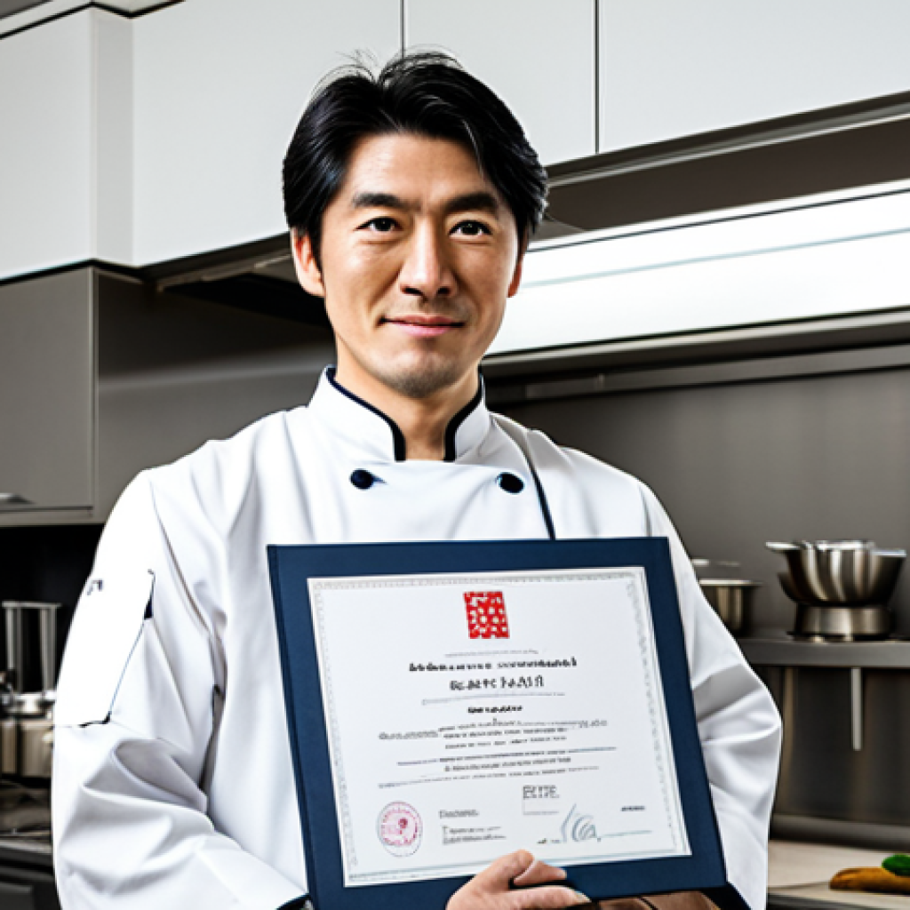 Global Ambition**

"A Japanese chef in professional attire, confidently standing in a modern, well-lit kitchen, holding a City & Guilds certificate, fully clothed, appropriate content, safe for work, perfect anatomy, natural proportions, professional photography, high quality"

**
