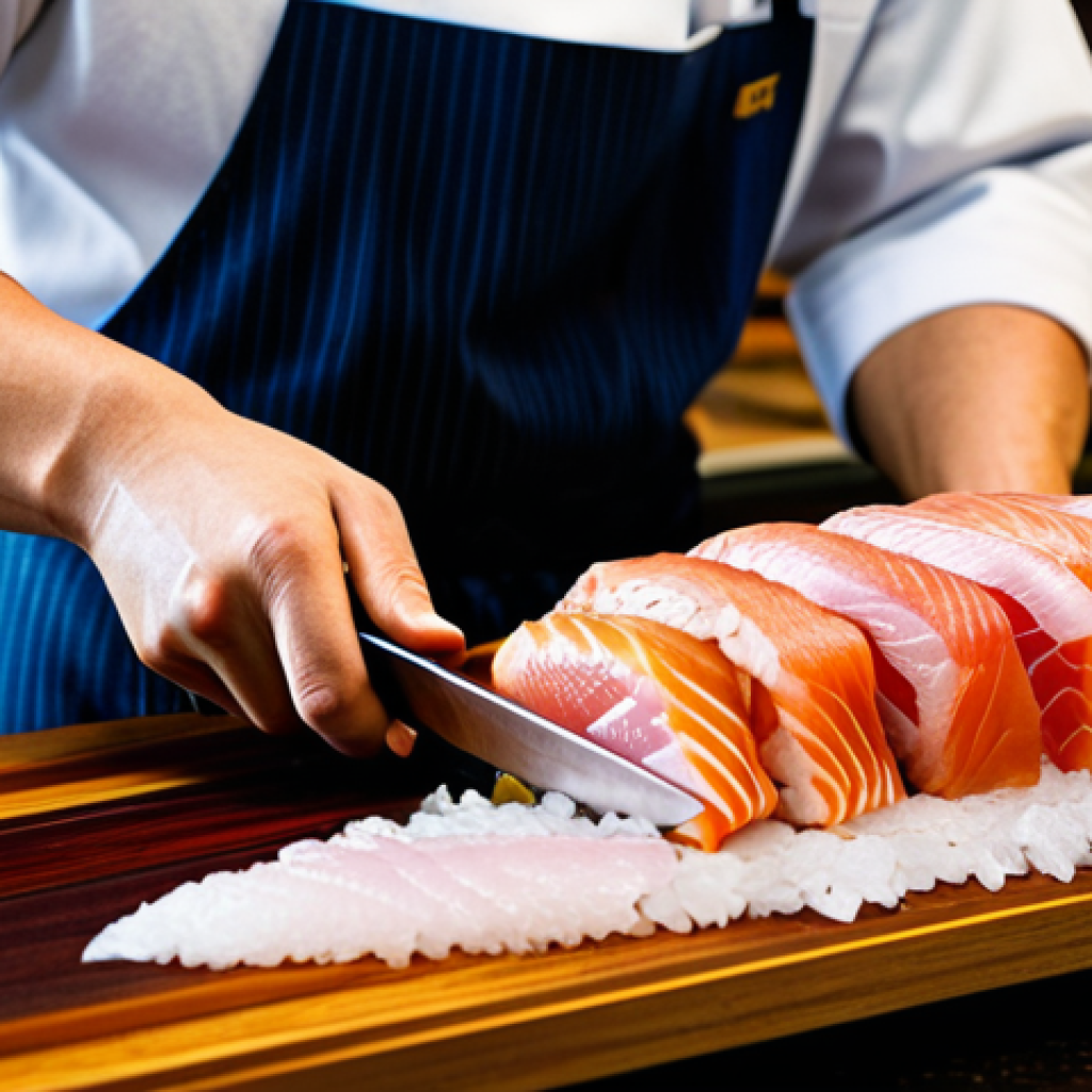 일식조리사로 일하면서 배우는 일본 요리 문화 - **Image:** A Japanese chef meticulously slicing sashimi with a gleaming Yanagiba knife. **Prompt:** ...