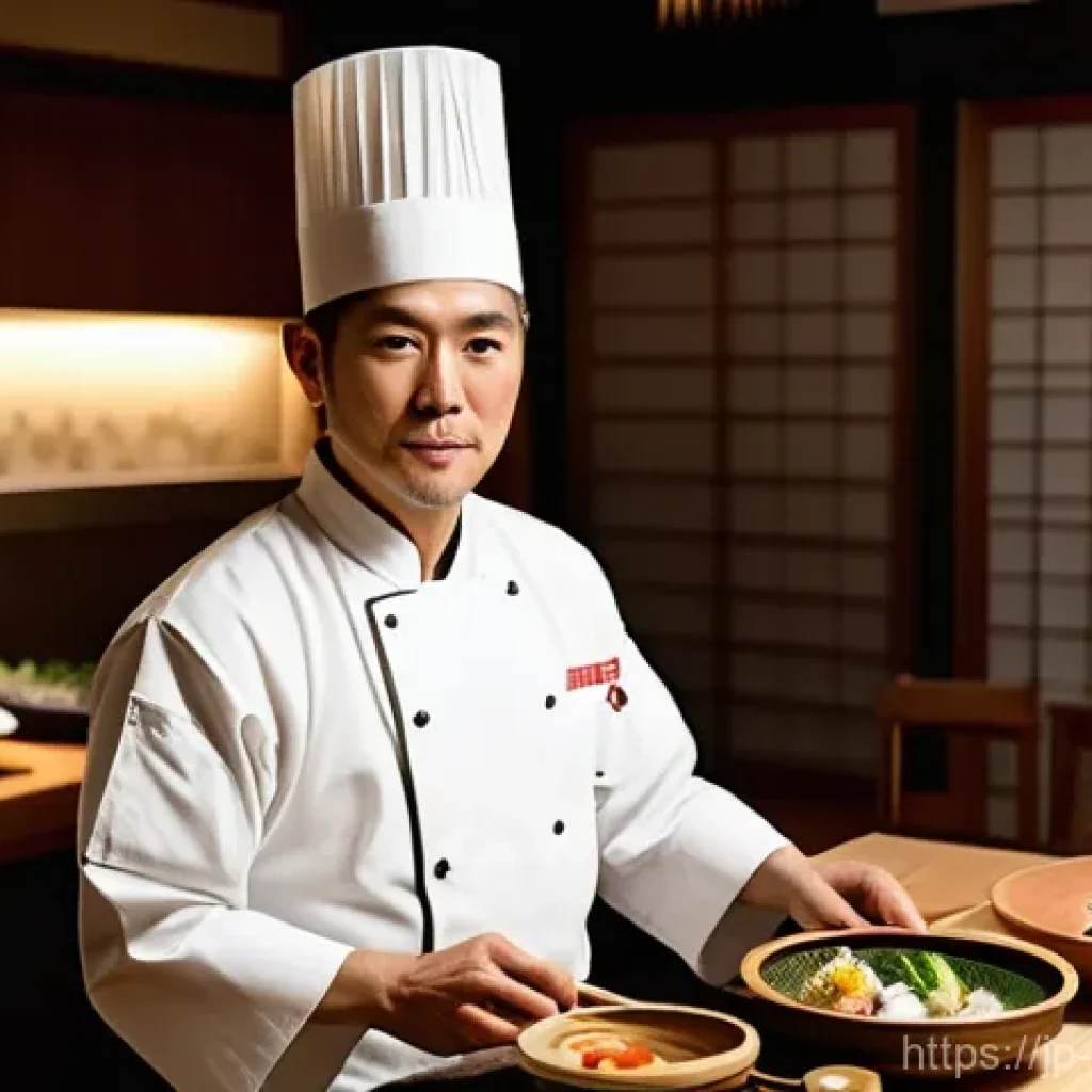 일식조리사 근무지별 차이점 - **Prompt:** A highly skilled Japanese chef in their 40s, wearing a pristine white traditional washok...