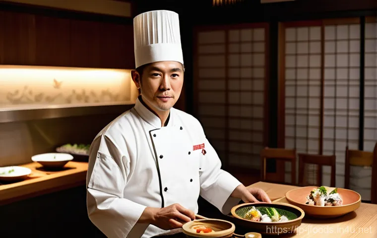 일식조리사 근무지별 차이점 - **Prompt:** A highly skilled Japanese chef in their 40s, wearing a pristine white traditional washok...