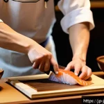 일식조리사로서의 성공적인 커리어 경로 - A skilled Japanese washoku chef in a traditional kitchen, wearing a white chef&rsquo;s coat and apron, car...