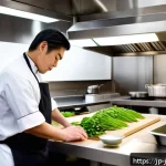 일식조리사 근무 중 스트레스 관리 - A modern Japanese kitchen scene featuring a professional chef in clean work clothes, taking a slow, ...