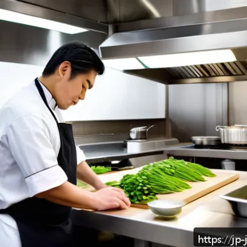 일식조리사 근무 중 스트레스 관리 - A modern Japanese kitchen scene featuring a professional chef in clean work clothes, taking a slow, ...