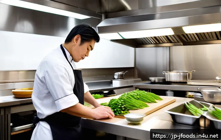 일식조리사 근무 중 스트레스 관리 - A modern Japanese kitchen scene featuring a professional chef in clean work clothes, taking a slow, ...