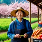 일식조리사로서 지속 가능한 발전 전략 - A vibrant Japanese local farmer&rsquo;s market scene in spring, showcasing fresh seasonal vegetables like ...