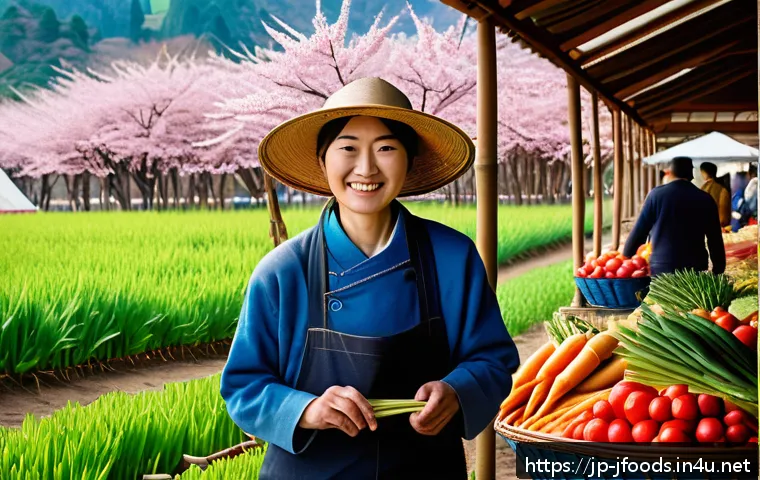 일식조리사로서 지속 가능한 발전 전략 - A vibrant Japanese local farmer&rsquo;s market scene in spring, showcasing fresh seasonal vegetables like ...