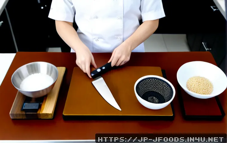 일식조리 기능사 시험 실습 도구 팁 - Photorealistic Japanese culinary skills examination practice station, neatly arranged essential tool...