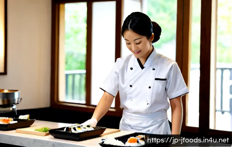 일식조리사 자격증 소지자 취업률 - Photorealistic Japanese cuisine chef in crisp white uniform and traditional apron preparing elegant ...