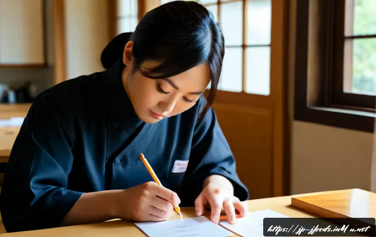 일식조리사 필기시험 고득점 전략 - Photorealistic Japanese culinary student preparing for a written chef certification exam, seated at ...